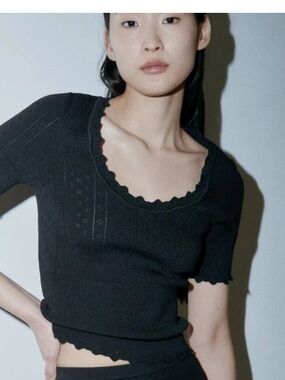 Zara Black Pointelle Scalloped Blouse size Small
